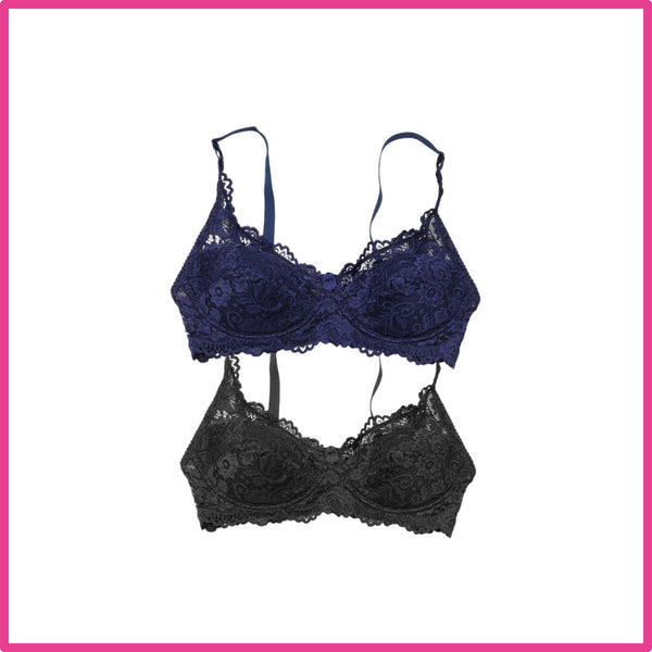 Pack Of 2 (Blue & Black) - Broom - Wired / Non-Wired Light Padded European Lace Bra