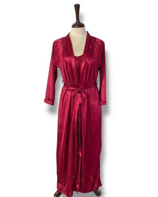 Maroon Full Length Bridal Nighty for Special Occasion (Cami + Gown + Ribbon)