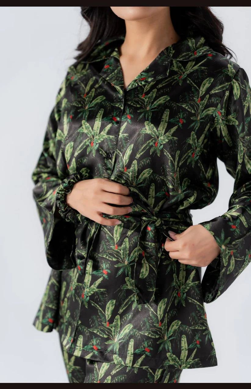 5 pcs Luxury Loungewear - Green Petals (Shirt+Trouser+Hair Band+Eye Masks+Pony) (Copy)
