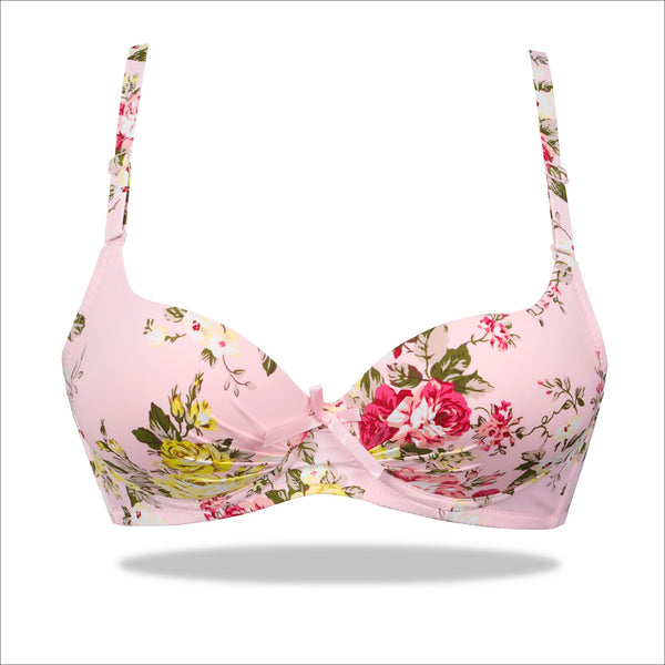 Pink Floral Crinkled Bra - Padded with stretchable floral straps