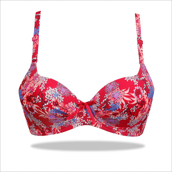 Red Floral Crinkled Bra - Padded with stretchable floral straps