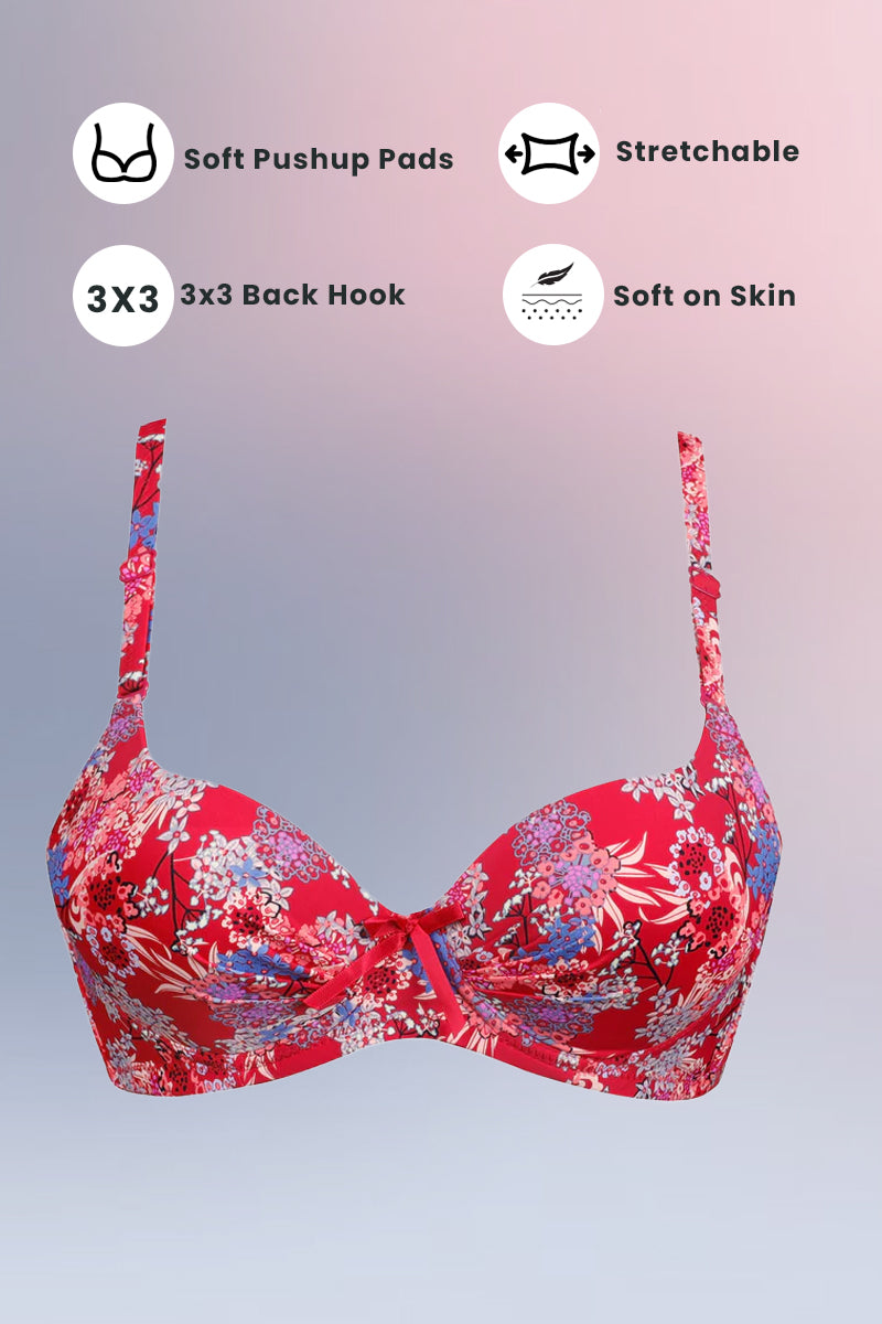 Red Floral Crinkled Bra - Padded with stretchable floral straps