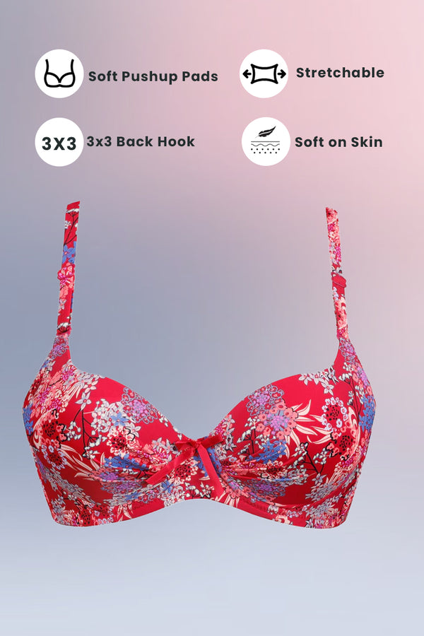 Red Floral Crinkled Bra - Padded with stretchable floral straps