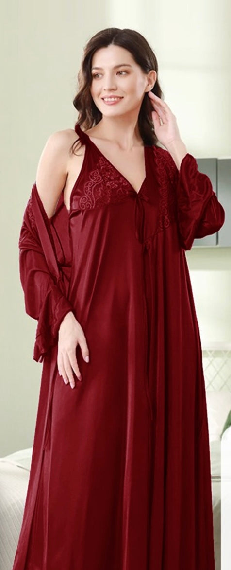 Maroon Full Length Bridal Nighty for Special Occasion (Cami + Gown + Ribbon)