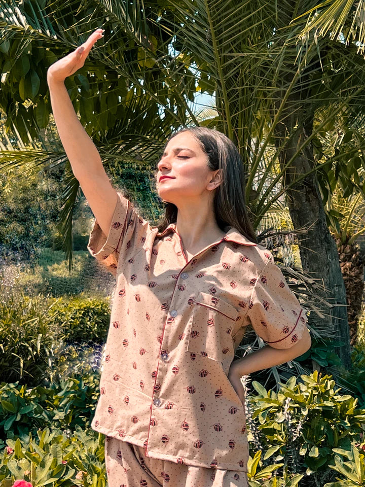 Premium Pima Cotton Button-Down Printed Shirt & PJ Set - Red