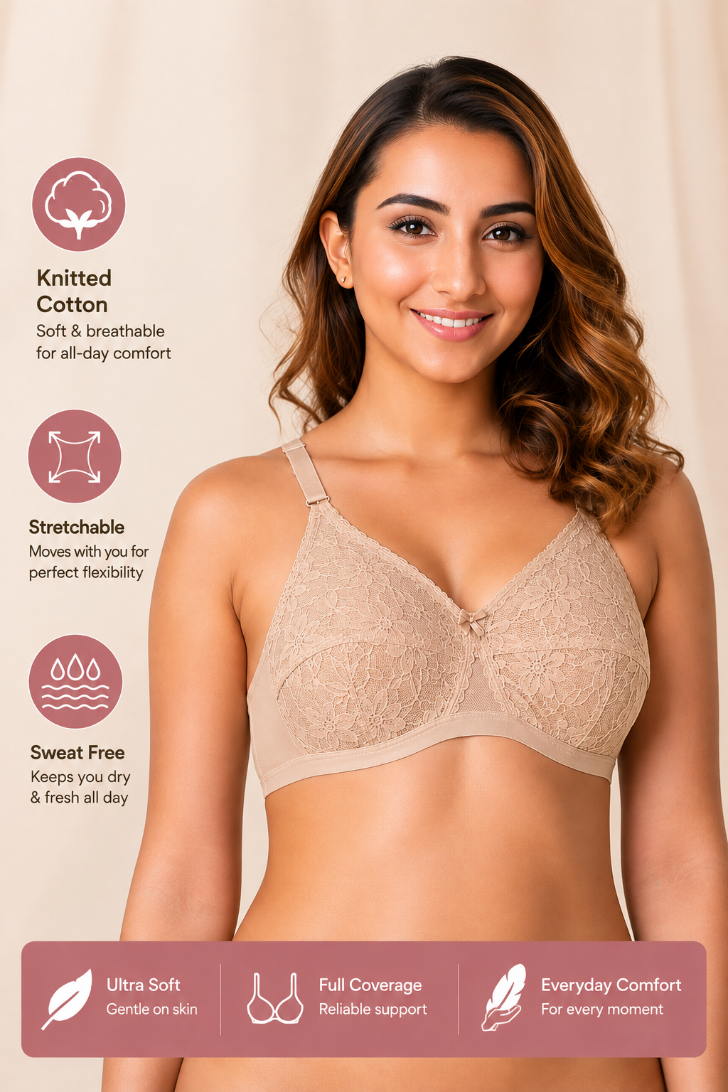 Nettle - Knitted Cotton Non-Padded Wirefree Bra with Lace Touch