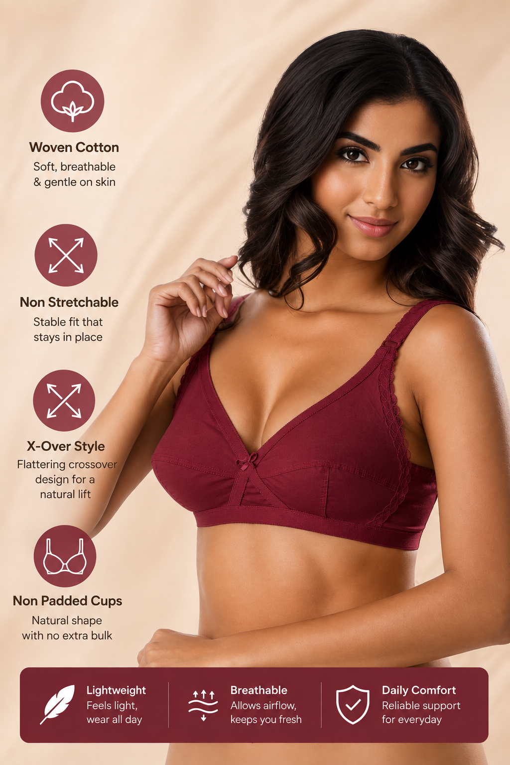 Maroon Lotus - Cotton Non Padded Cross-Over Style Wirefree Bra