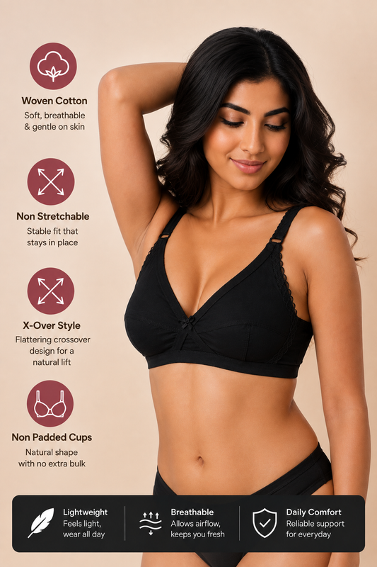 Black Lotus - Cross Over Cotton Non-Padded Wirefree Bra