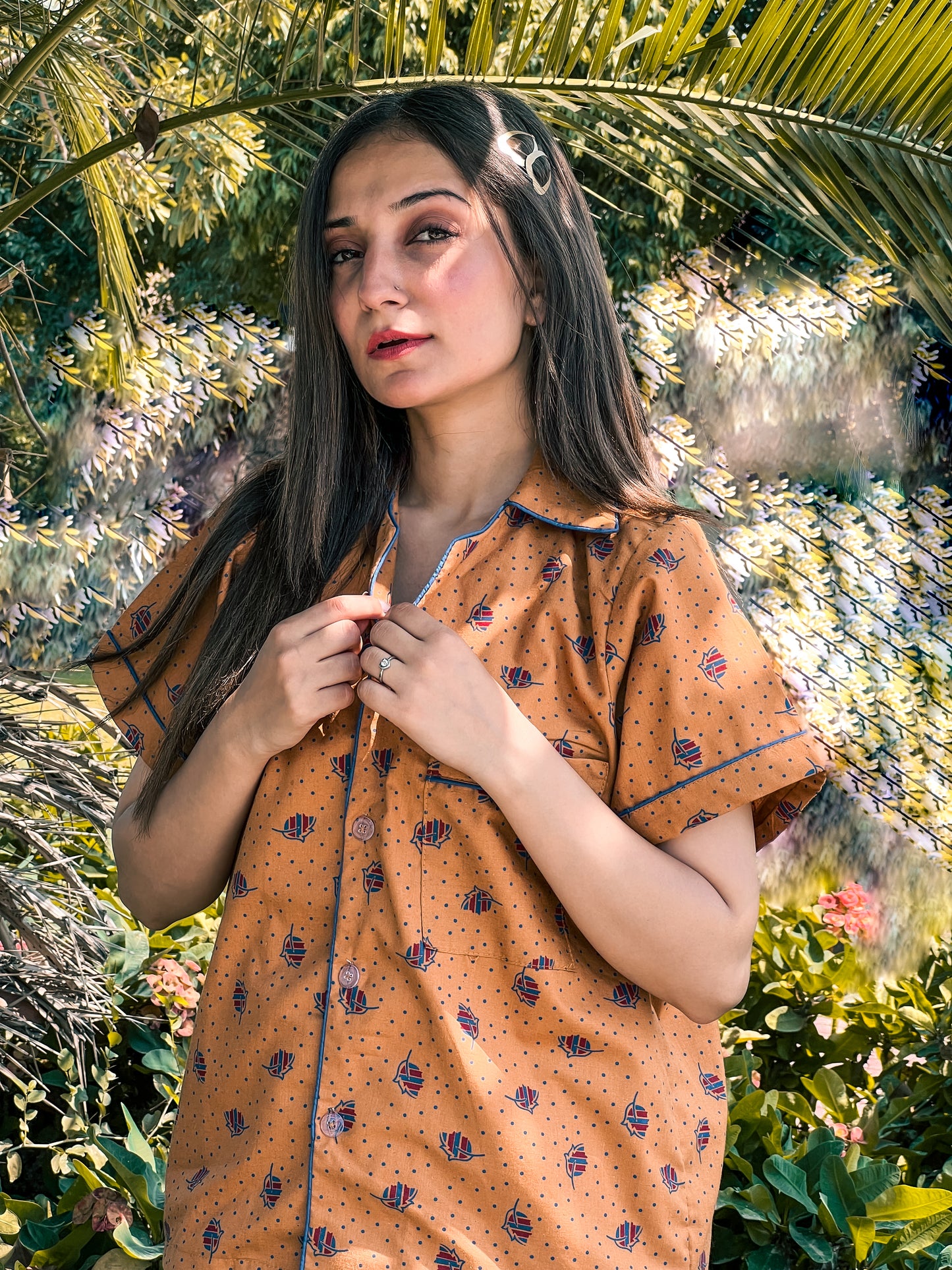 Premium Pima Cotton Button-Down Printed Shirt & PJ Set - Macaroon