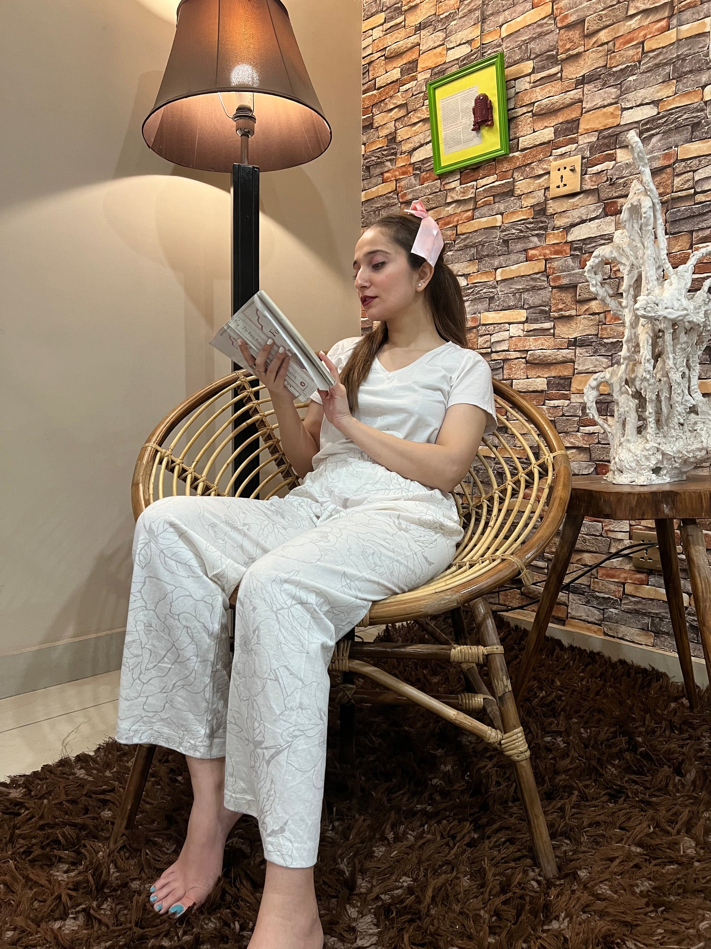 Luxe Cotton Trousers - White Light Flower
