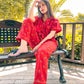 Premium Pima Cotton Button-Down Printed Shirt & PJ Set - Red