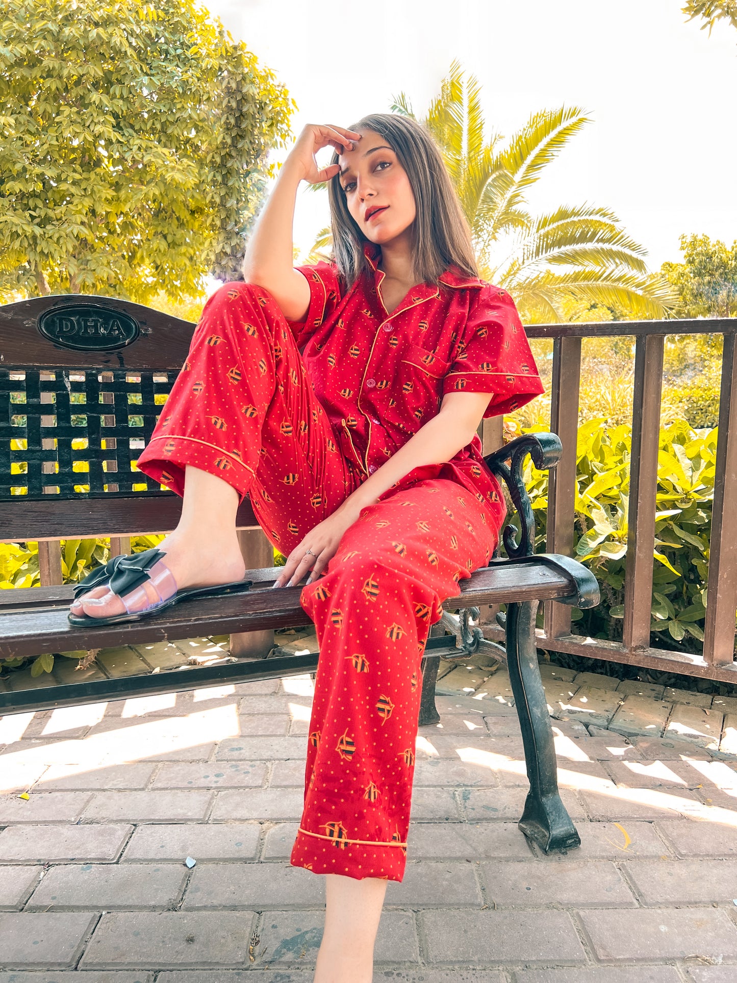 Premium Pima Cotton Button-Down Printed Shirt & PJ Set - Red