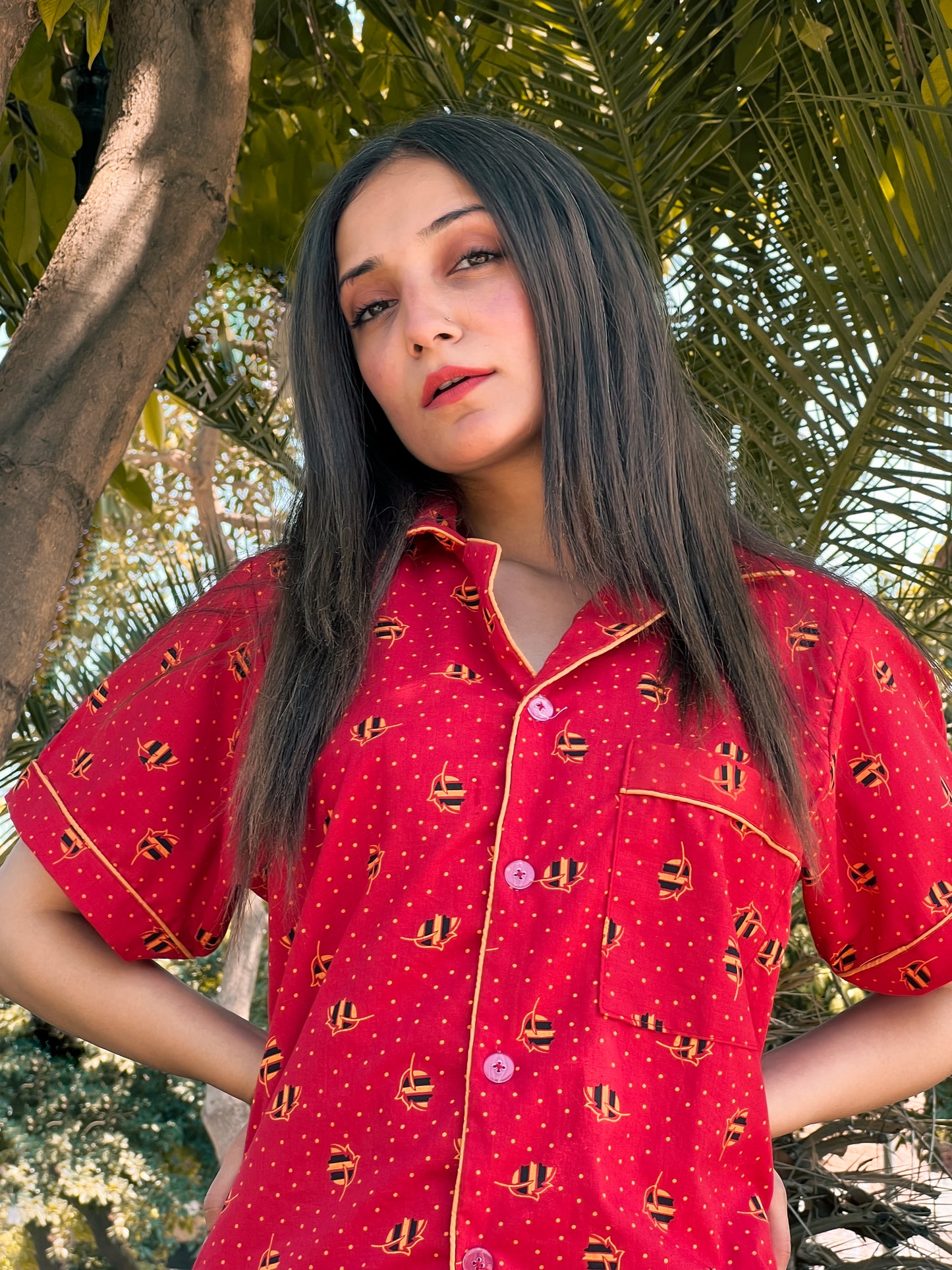 Premium Pima Cotton Button-Down Printed Shirt & PJ Set - Red