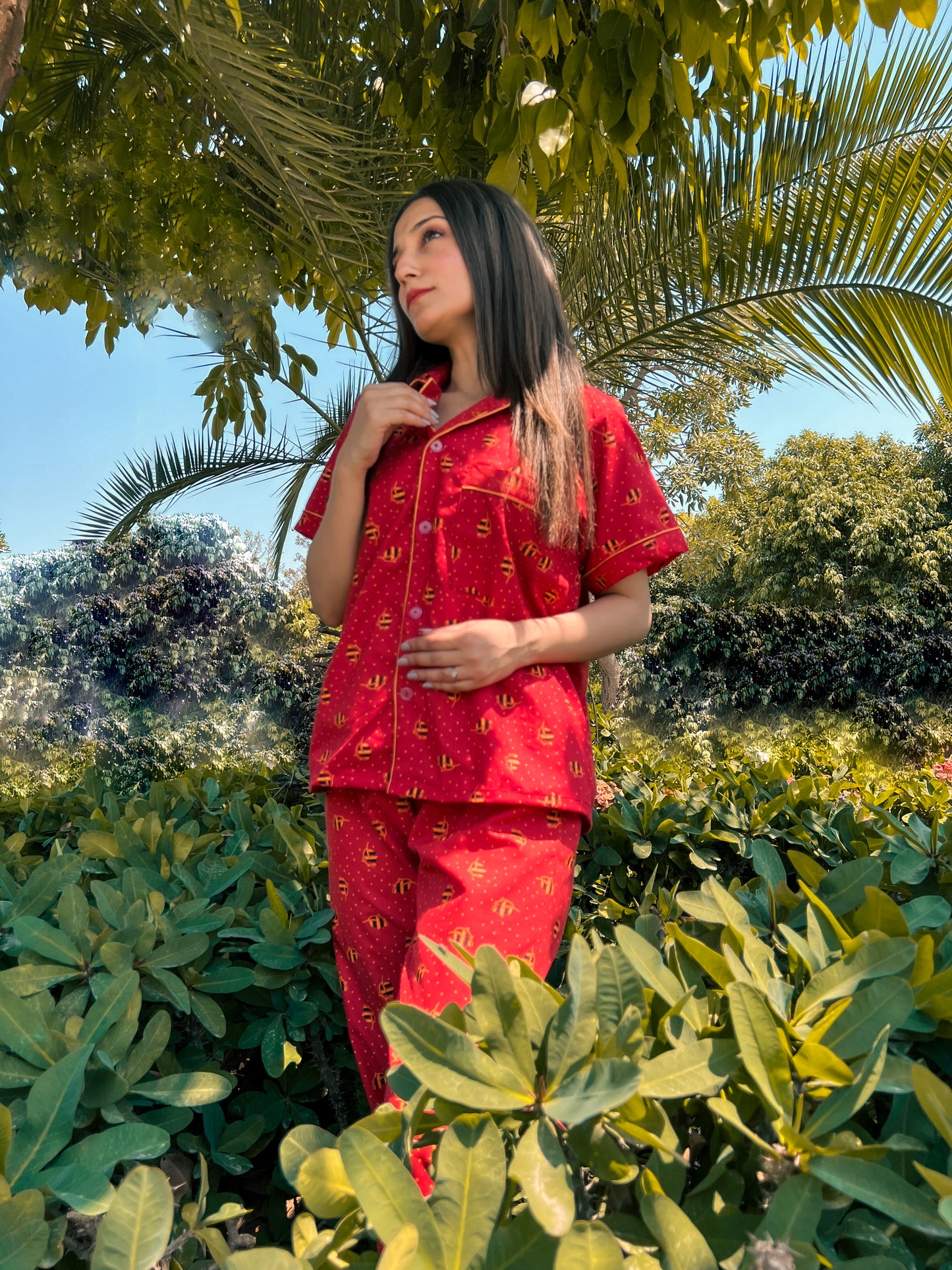 Premium Pima Cotton Button-Down Printed Shirt & PJ Set - Red