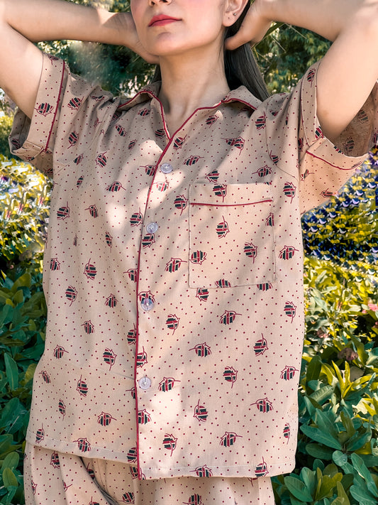 Premium Pima Cotton Button-Down Printed Shirt & PJ Set - Buttermilk