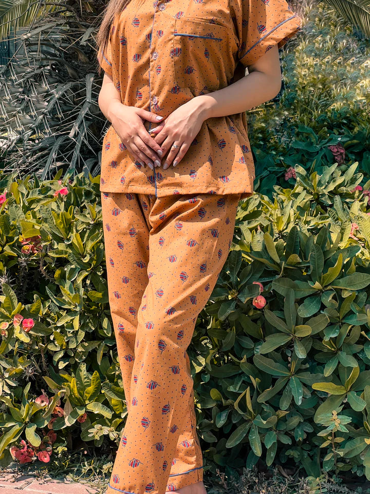 Premium Pima Cotton Button-Down Printed Shirt & PJ Set - Red