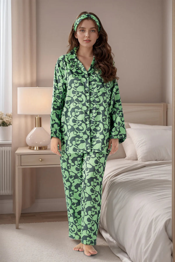 5 pcs Luxury Loungewear - Grassy (Shirt+Trouser+Hair Band+Eye Masks+Pony) (Copy) (Copy)