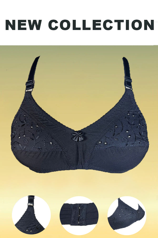 Black Breatheable Cotton Bra with Half Cup Embroidery