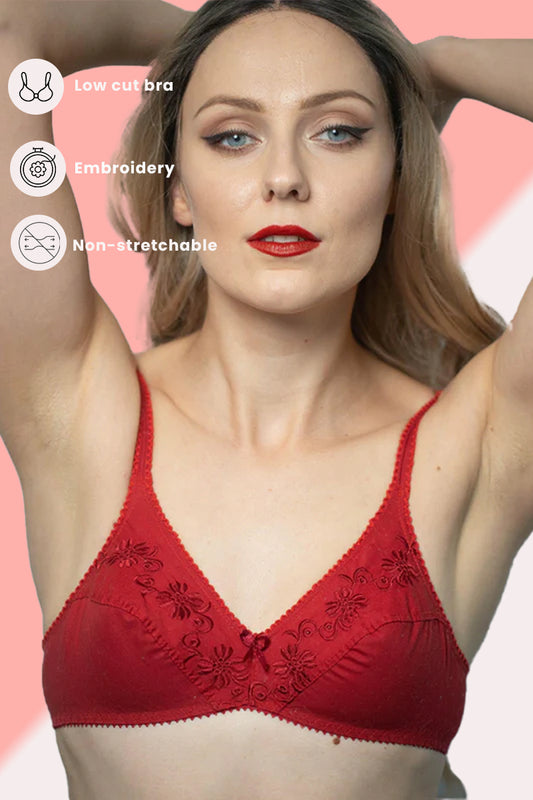 Lily - Softest Low Cut Floral Embroidered Cotton Bra